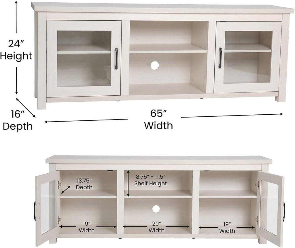Flash Furniture Sheffield Engineered Wood TV Stand for 80' TVs, Media Console/TV Cabinet with 3 Adjustable Shelves and Glass Doors, White Wash Finish