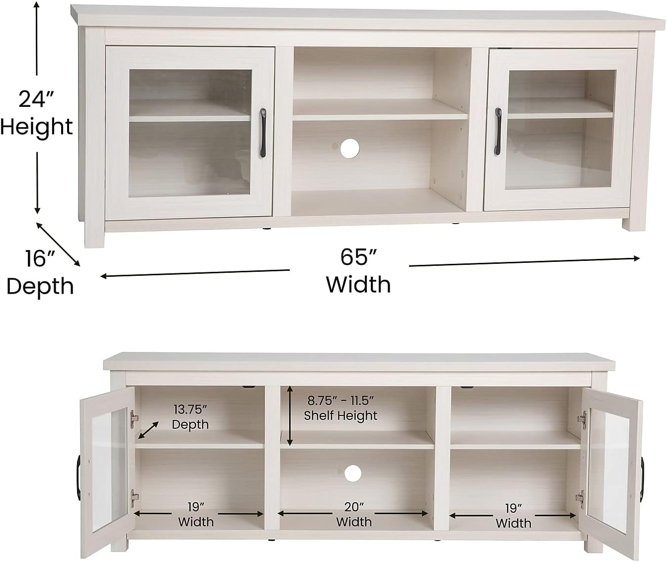 Flash Furniture Sheffield Engineered Wood TV Stand for 80' TVs, Media Console/TV Cabinet with 3 Adjustable Shelves and Glass Doors, White Wash Finish