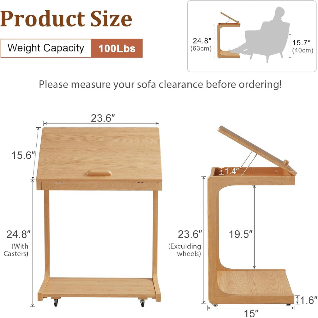 AQIMUELE Wooden C-Shaped End Table,Couch Table with Adjustable Desktop,Small Rolling Side Table with 2 Lockable Wheels 23.6' Width,Small End Table for Couch, Living Room,Bedroom (Natural)