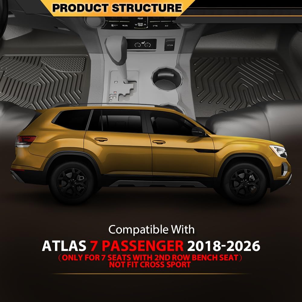 TPE Floor Mats Fit VW Atlas 7 Passenger 2018-2026 1st & 2nd & 3rd Row & Cargo Mat Truck Accessories Cargo Liners All Weather Protection 5PCS Black Alfombras para Carro
