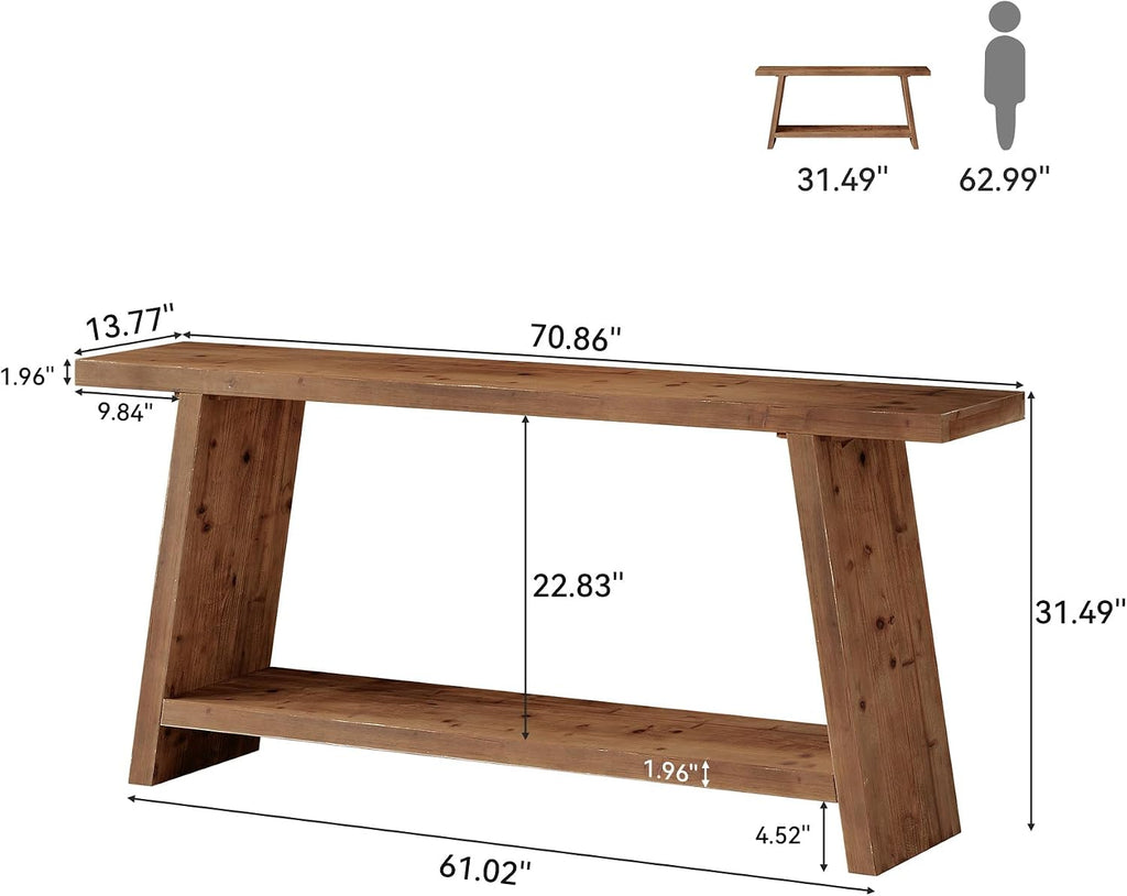 70.9'' Solid Wood Console Table, Narrow Long Sofa Table Behind Couch with 2-Tier Storage, Farmhouse Entryway Table for Living Room, Hallway, Foyer, Brown