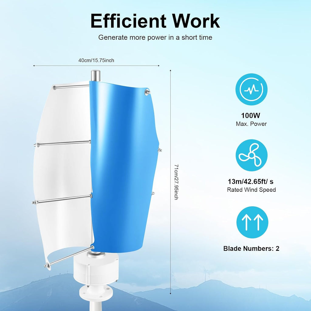 Wind Turbine Wind Turbine Generator Kit Vertical Axis Wind Turbine Generator with Controller and 2 Blades Automatic Wind Direction Adjustment for Home, Yacht, Gazebo 500W 12V