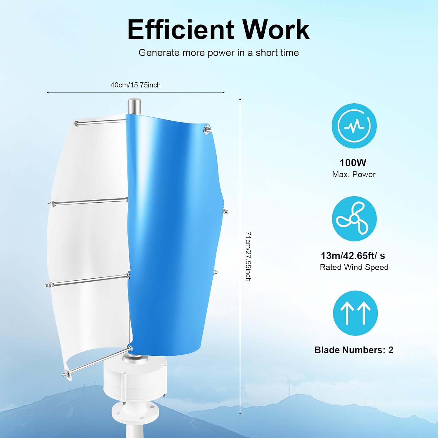 Wind Turbine Wind Turbine Generator Kit Vertical Axis Wind Turbine Generator with Controller and 2 Blades Automatic Wind Direction Adjustment for Home, Yacht, Gazebo 500W 12V