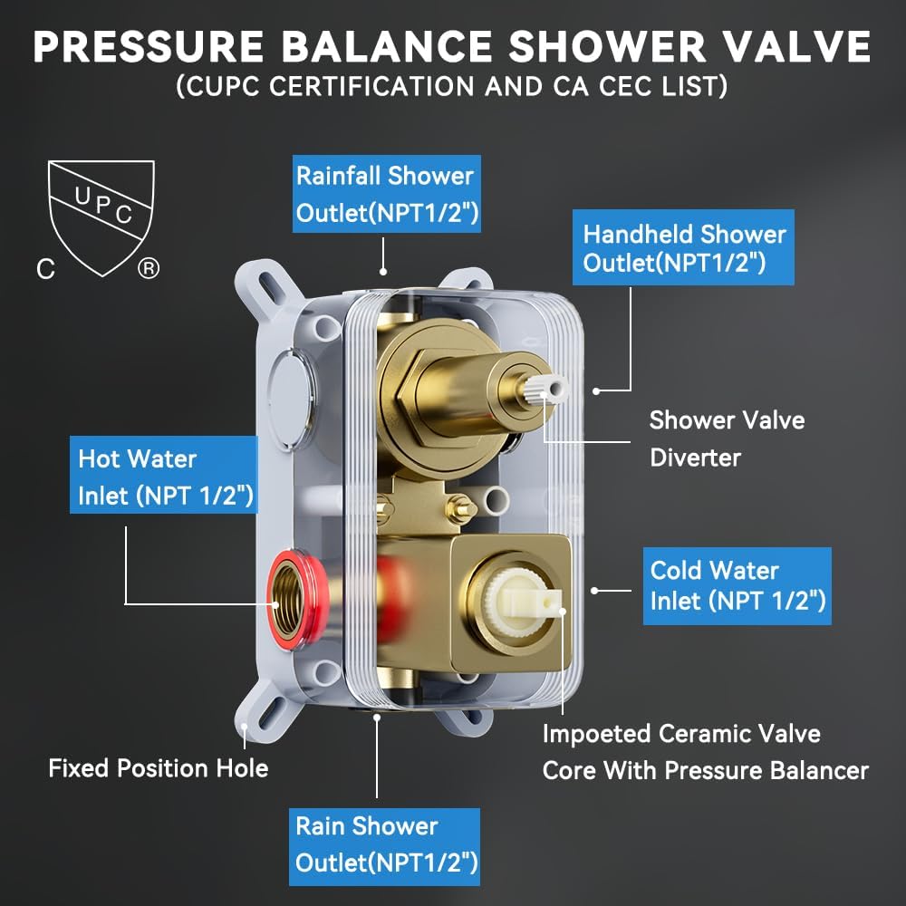 Brushed Gold Shower System with Body Jets, STARBATH 12 Inch Rainfall Shower System and 2 in 1 Handheld Spray Shower Jets System in Wall, Complete Wall Mounted 3 Way Shower Faucet Set with Valve Kit