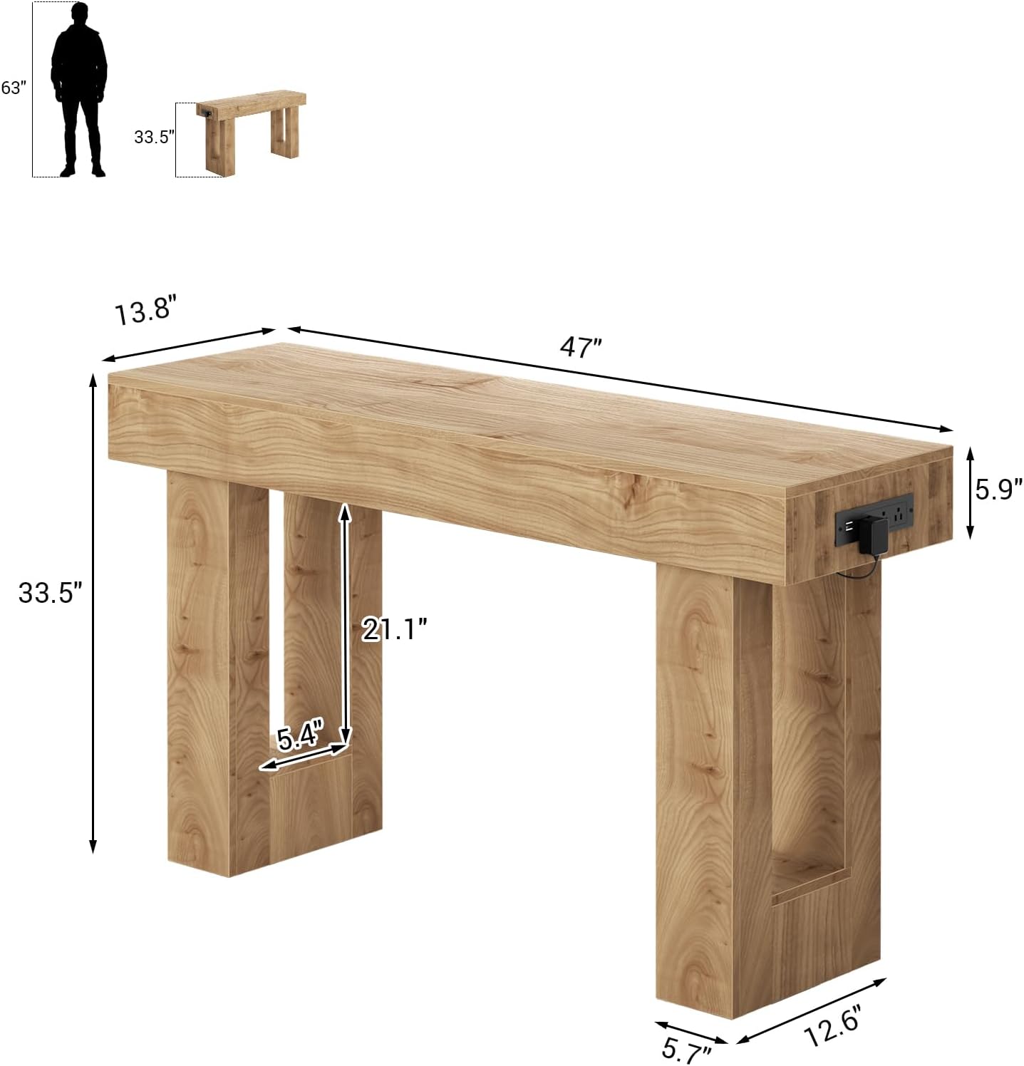 Unikito 47' Entryway Table with Socket and Sensor Light, Narrow Console Table with Storage Behind Couch, Farmhouse Entry Way Tables with Open Storage for Entrance/Hallway/Living Room, Natural Oak