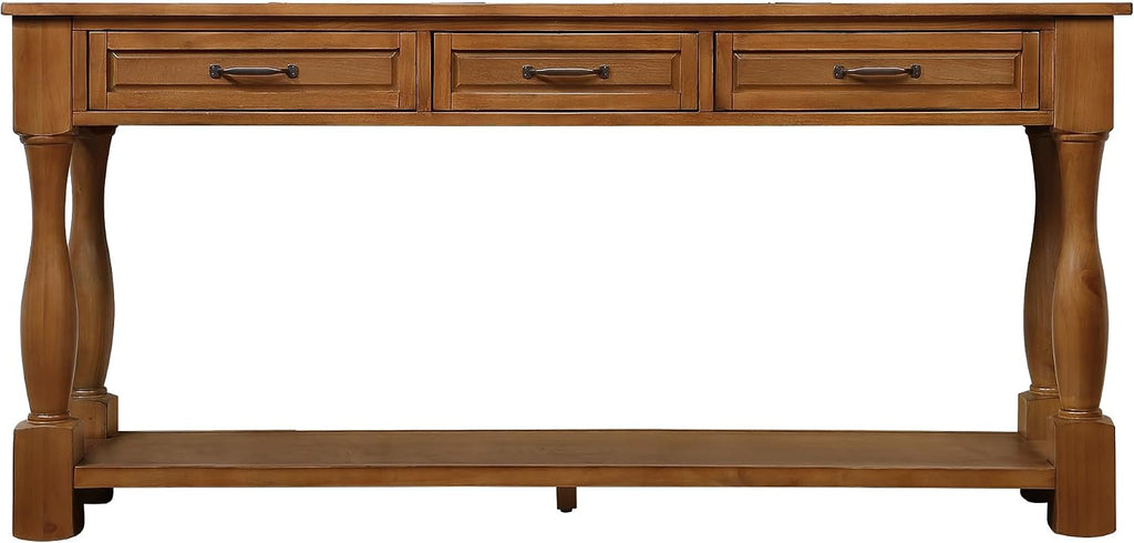 Merax Retro Entryway Table with 4 Drawers, Console Table with Open Storage Shelf for Entryway, Wood Side Table with Thick Legs for Living Room Bedroom, Brown