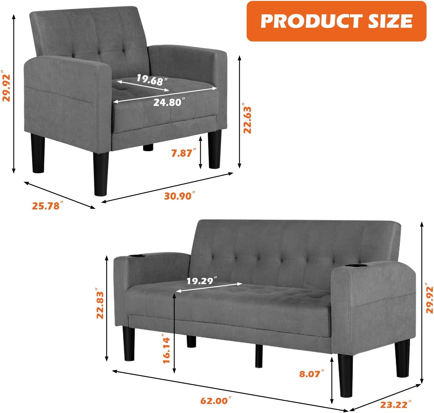 AILEEKISS 2 Piece Living Room Sofa Set 56' W Loveseat Sofas with 2 USB and Removable Armrests, Modern Fabric, 2 Pcs Sectional Couches Set for Apartment, Small Space, Dark Grey