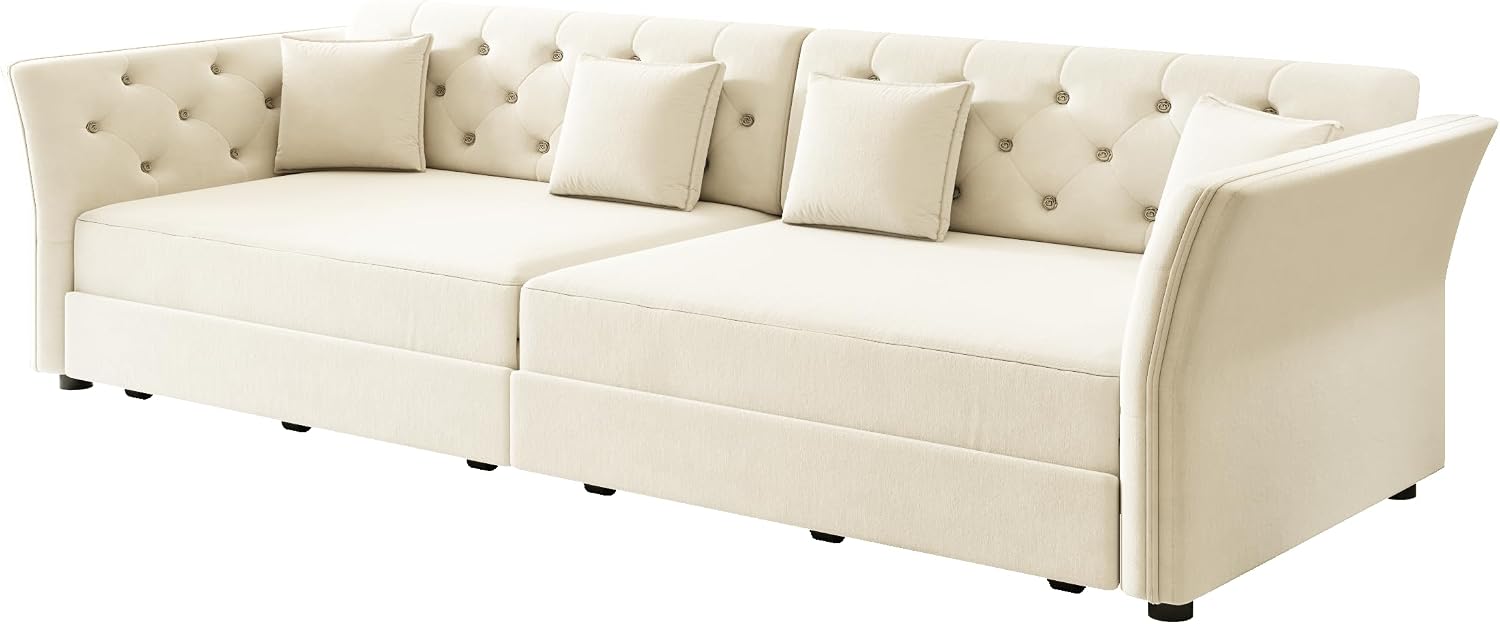 100' King Size Sleeper Sofa Bed, 3-in-1 Convertible Pull Out Chesterfield Sleeper Couch, Oversized Velvet Flower Button Tufted 4-Seat Sofa for Living Room Apartment (Beige White)