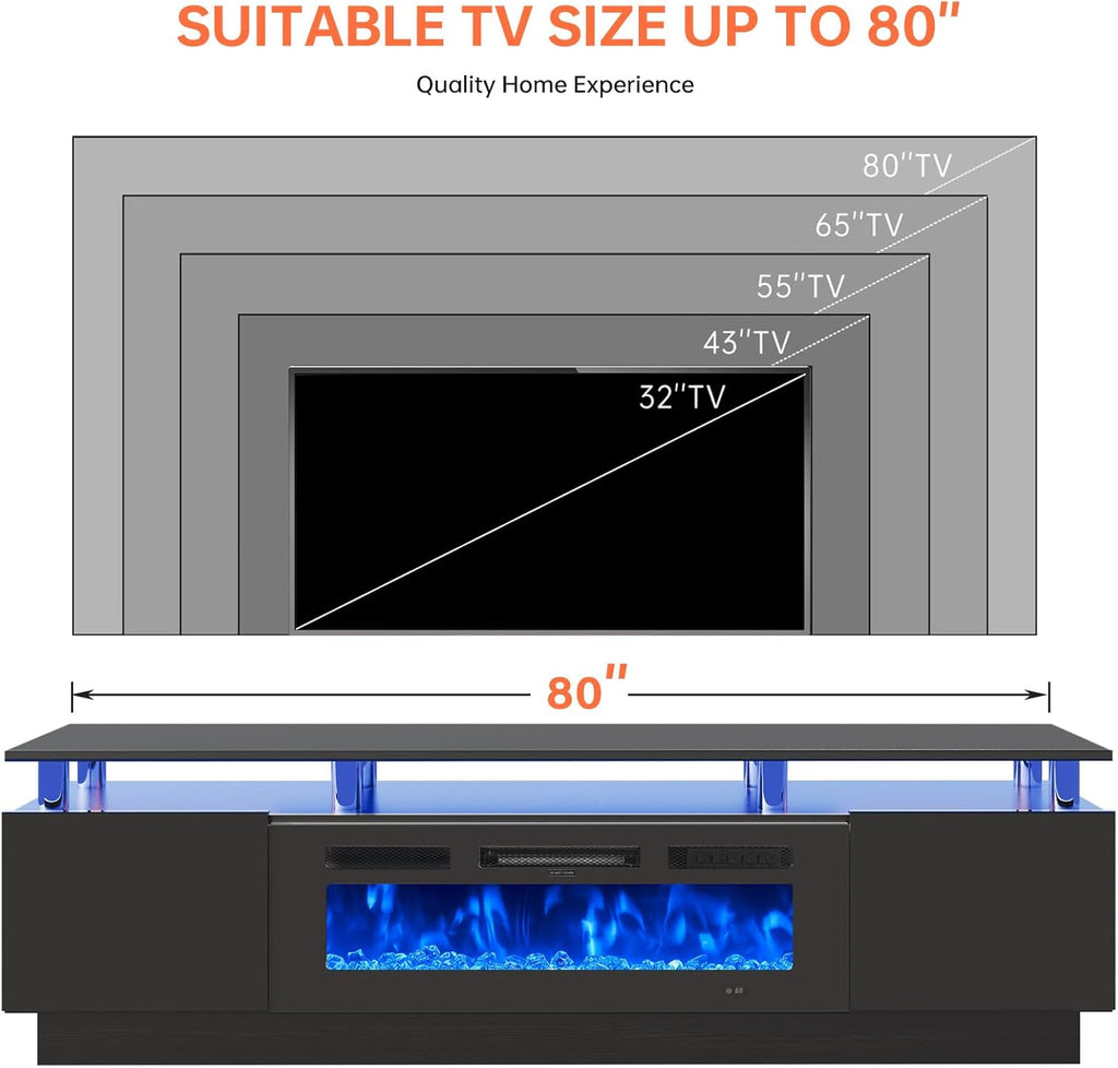 MXV 80' Fireplace TV Stand, Modern Entertainment Center & 36 Inch Electric Fireplace, Remote Control, LED Light, Fire Place Tv Stand for Living Room for TVs up to 90', Black + Black
