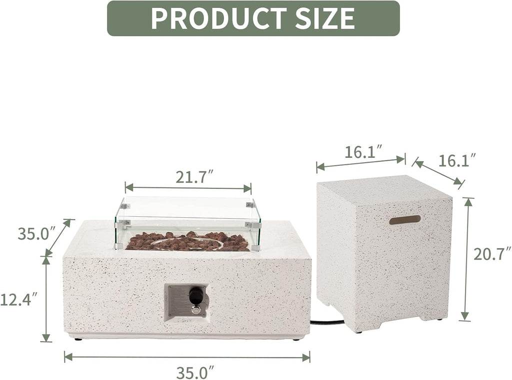 COSIEST 35-inch Square Outdoor Sandstone Propane Fire Pit w Wind Guard and Side Table, Certified, 50,000 BTU Stainless Steel Burner, Free Lava Rocks and Rain Cover, Metal Lid(Beige)