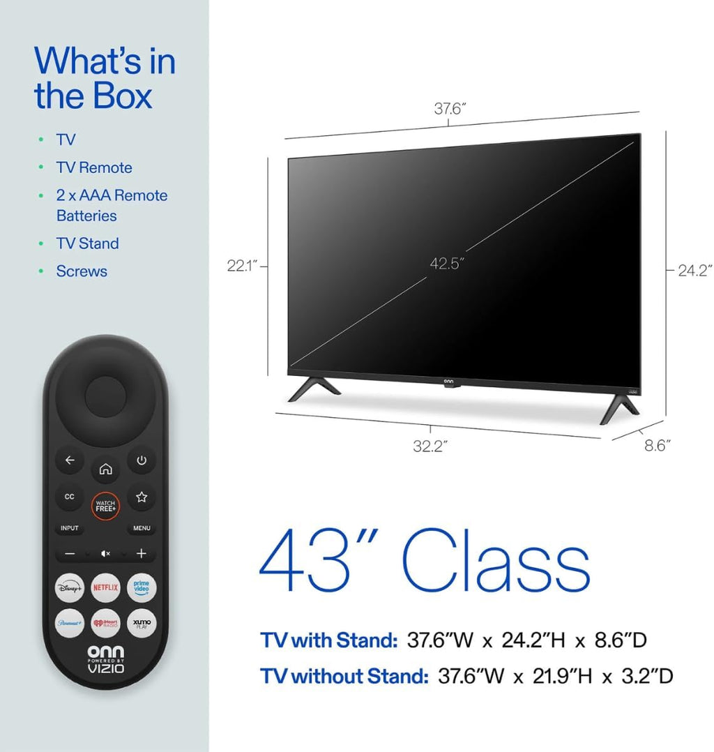 ONN 43 INCH Full HD 1080p Smart TV HDR10 with Vizio OS Bluetooth 5.0 Works with Apple Home, Amazon Alexa, and Google Home (Renewed)