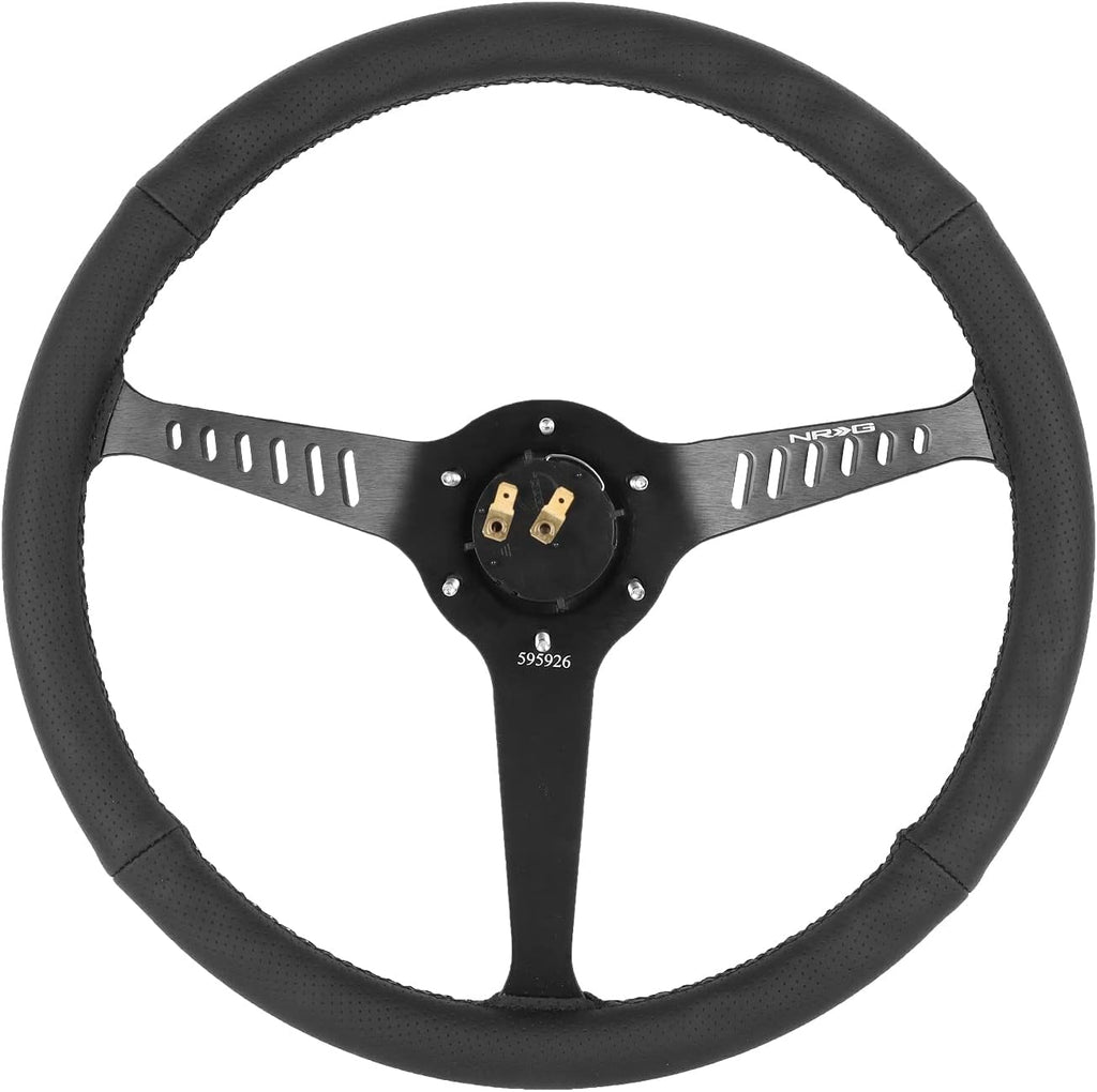 NRG Innovations NRG-RST-380STL-B Reinforced Classic Stealth Wheel, 380mm, 3 Spoke Center with Diagnal Slits, 1' Deep Dish with Perforated Leather and Black Stitching