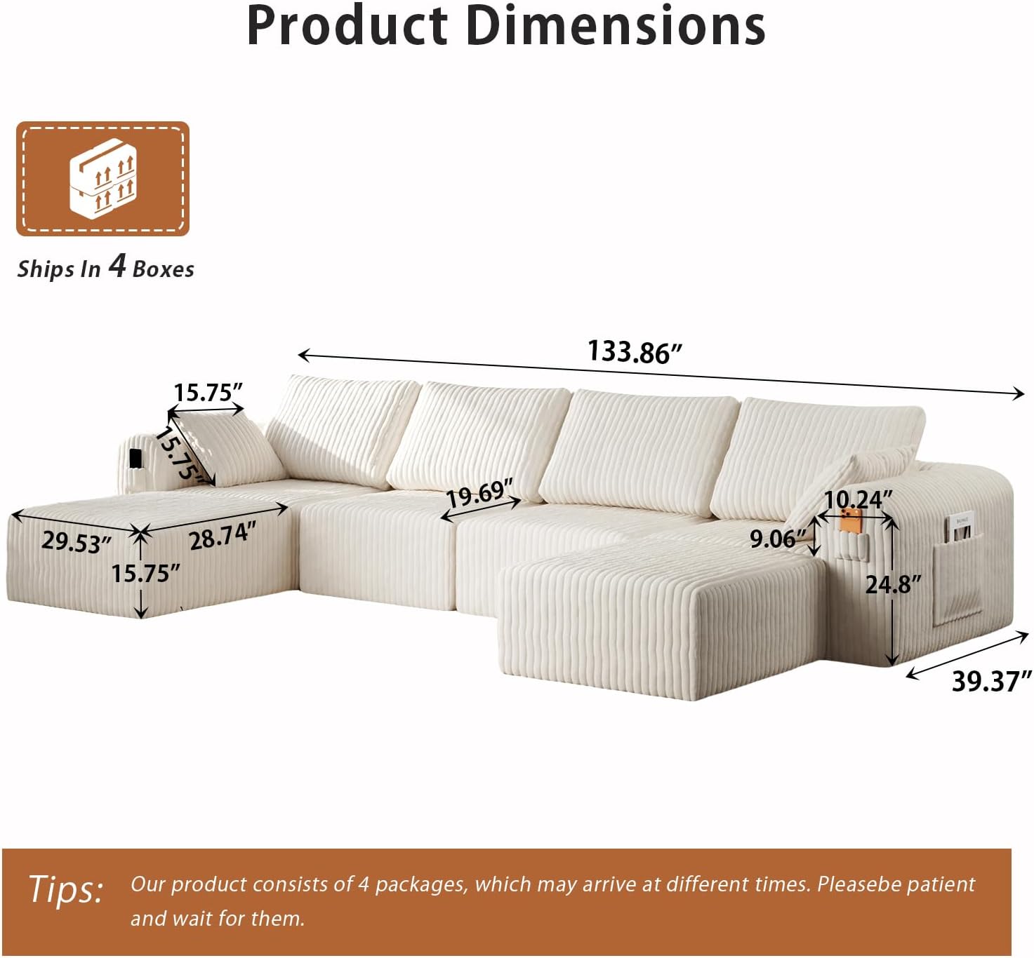 Modular Sectional Sofa, Boneless Couches for Living Room, L-Shape Sofa Couches,Cloud Couch Sectional, Comfy Corduroy Sofa, with Deep Seat, No Assembly Required (Beige, 4 Seater + 2 Ottoman)