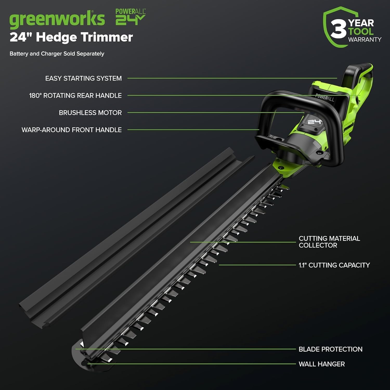 Greenworks 48V (24V x 2) Cordless Brushless Axial Leaf Blower，24V Cordless Battery Hedge Trimmer Combo Kit