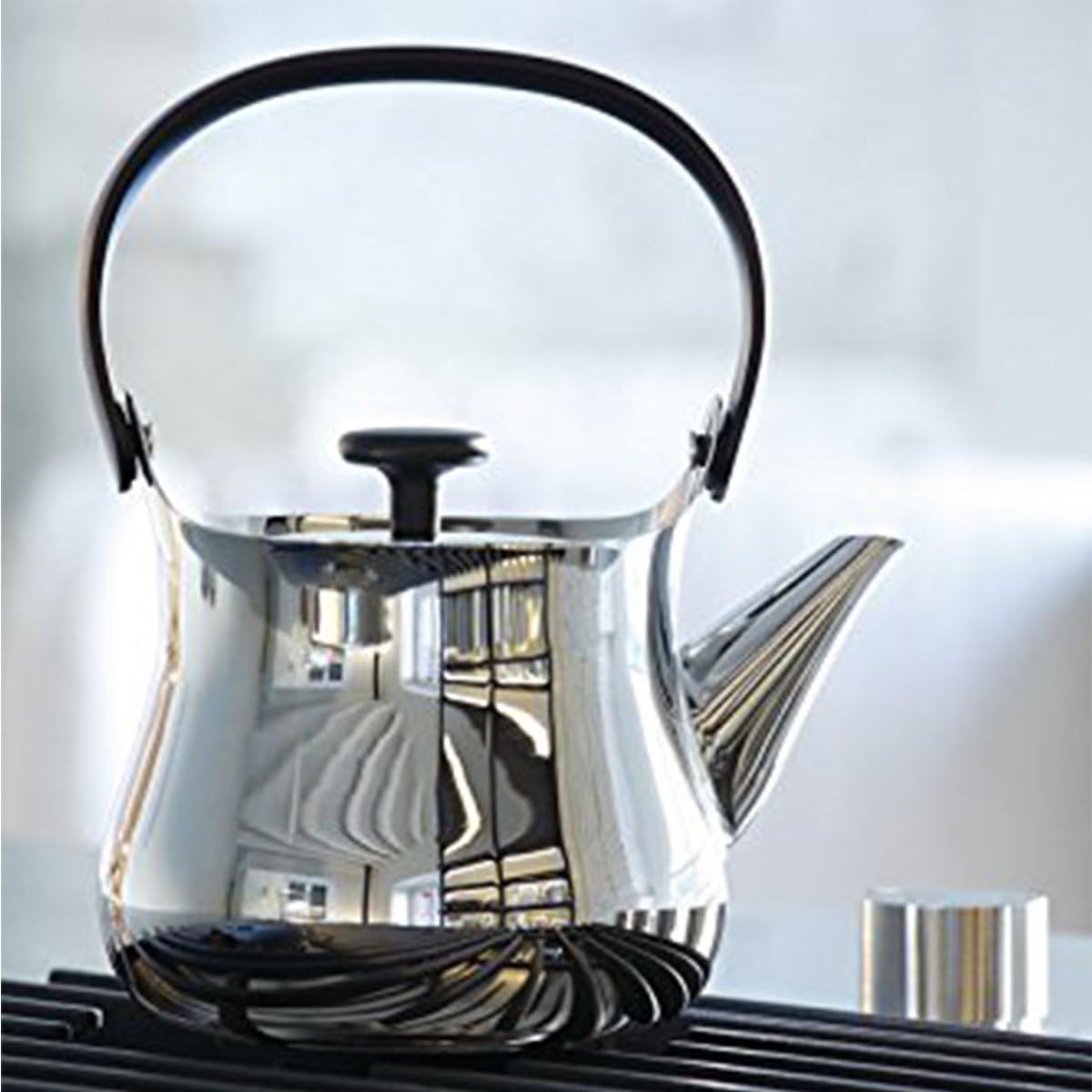 Alessi 'Cha Kettle/Teapot in 18/10 Stainless Steel Mirror Polished Handle And Knob in Thermoplastic Resin Magnetic Steel Bottom Suitable For induction Cooking, Silver