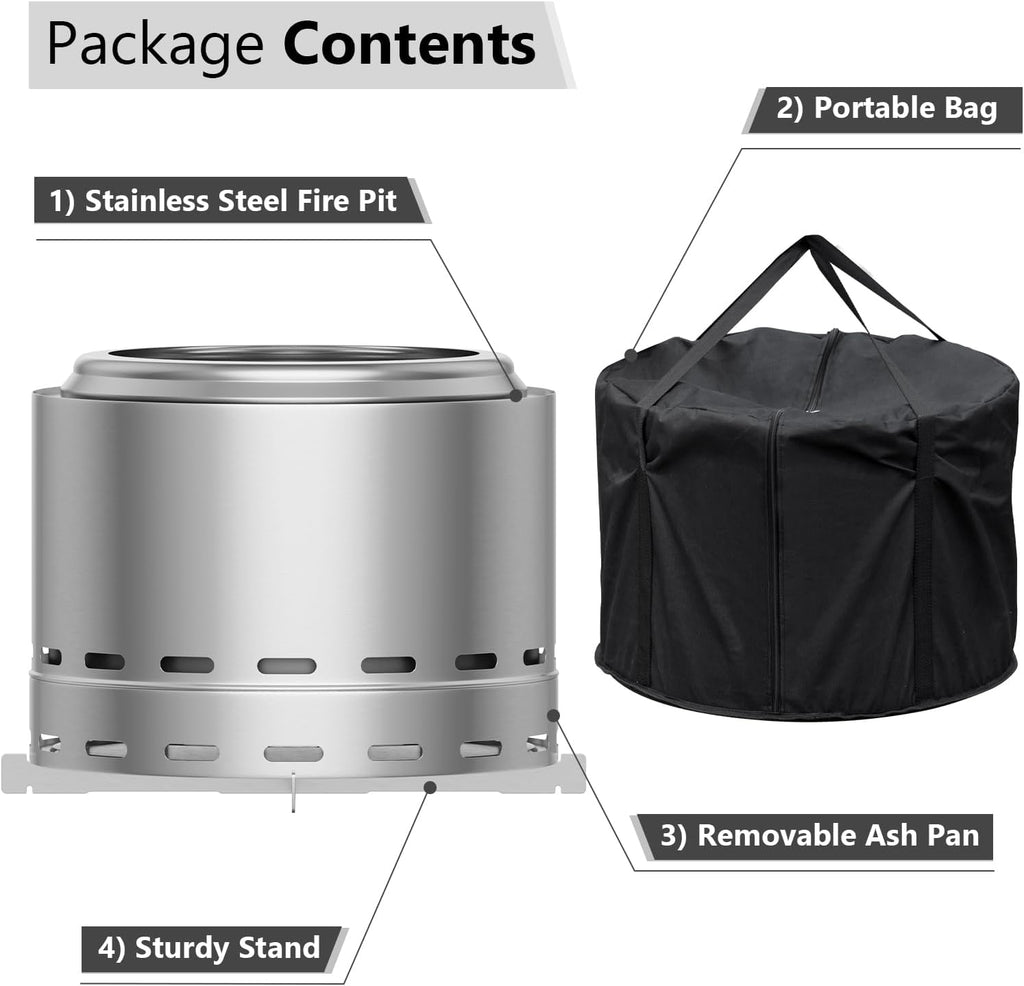 ROOMTEC 19.5' Smokeless Fire Pit, Portable Wood Burning Firepit with Stand and Bag, Easy Clean Bonfire with Removable Ash Pan, Low Smoke Fireplaces for Camping, Patio and Outside
