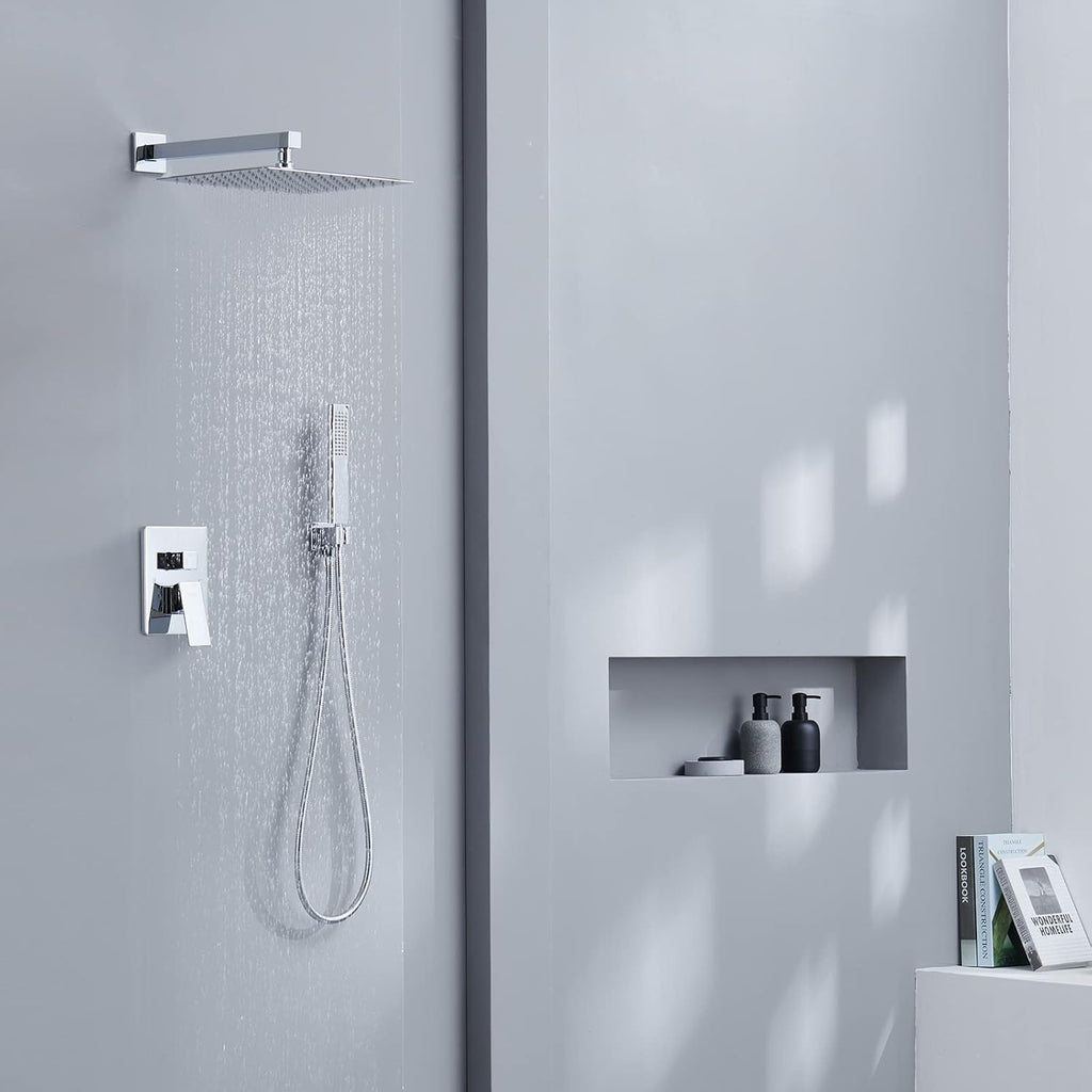 Iriber Chrome Shower System 10 Inch High Pressure Rainfall Shower Head and Shower Faucet Combo Set