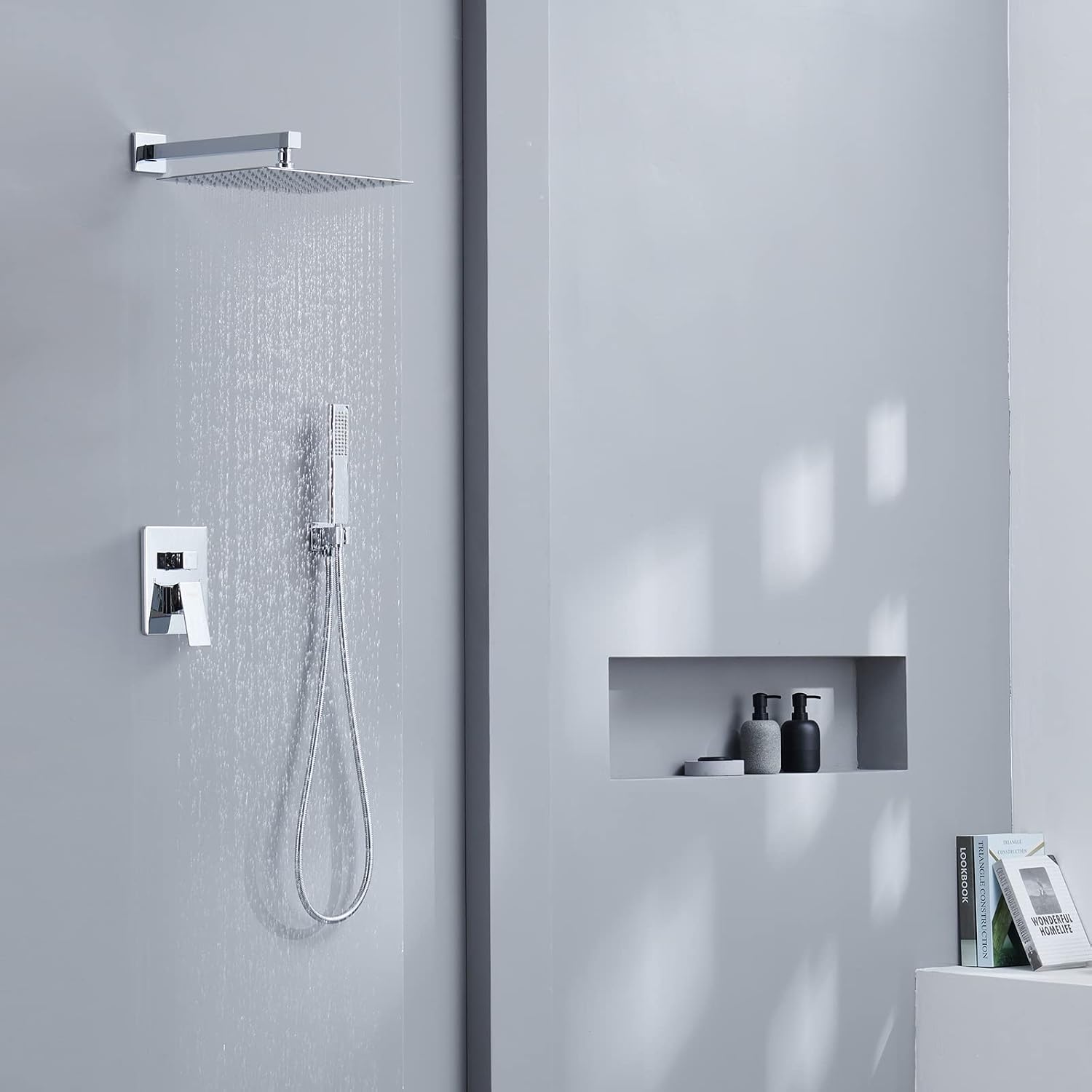 Iriber Chrome Shower System 10 Inch High Pressure Rainfall Shower Head and Shower Faucet Combo Set