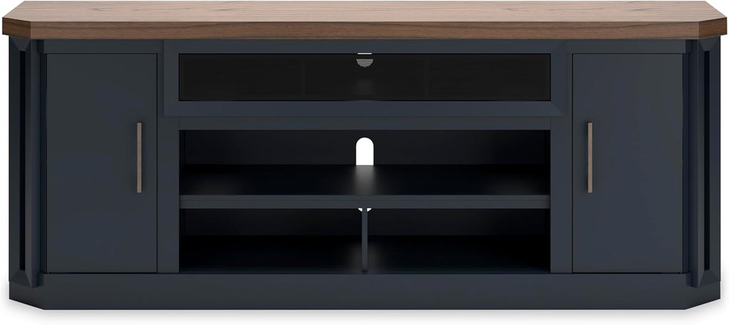 Signature Design by Ashley Landocken Contemporary 83' TV Stand for TVs up to 95' with Fireplace Option, 2 Cabinets, 2 Doors, 2 Adjustable Shelves, Open Cubbies and Cord Openings, Dark Brown & Blue