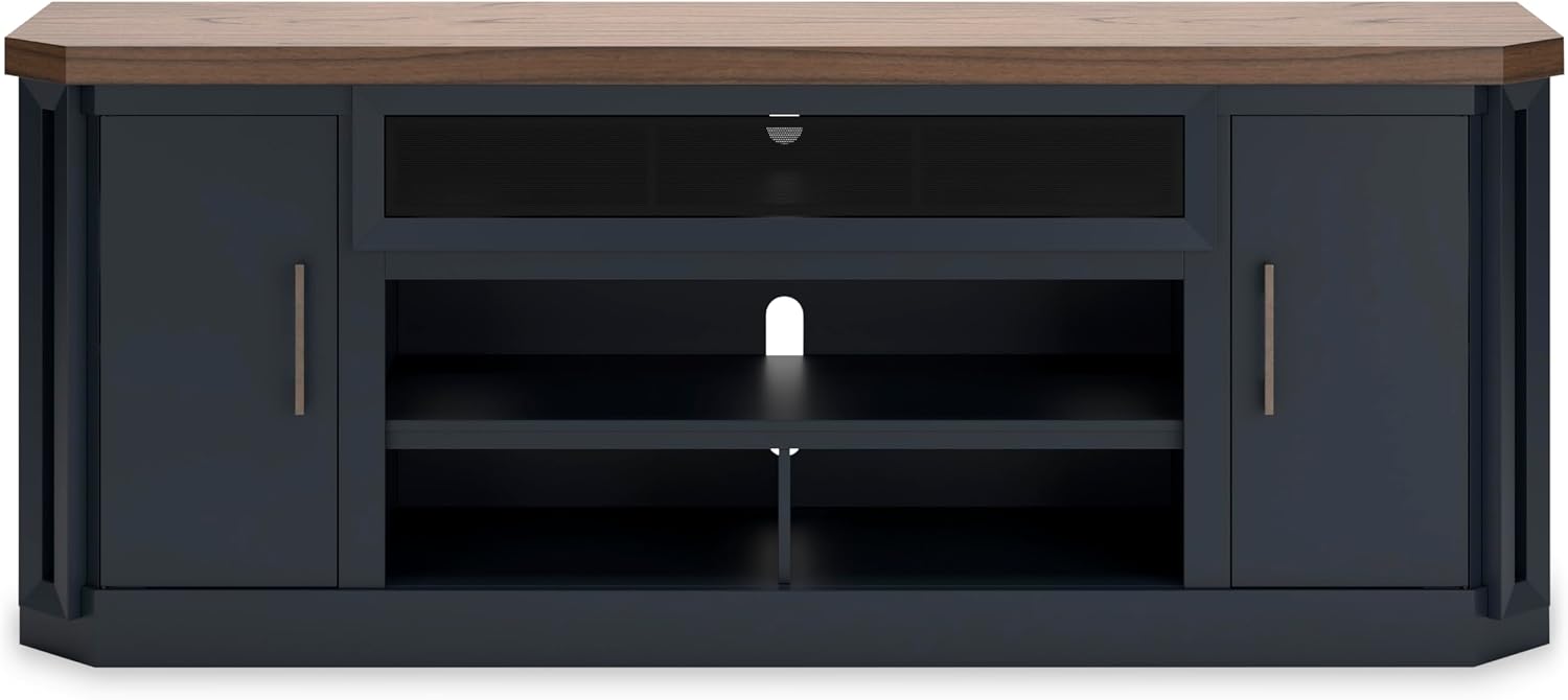Signature Design by Ashley Landocken Contemporary 83' TV Stand for TVs up to 95' with Fireplace Option, 2 Cabinets, 2 Doors, 2 Adjustable Shelves, Open Cubbies and Cord Openings, Dark Brown & Blue