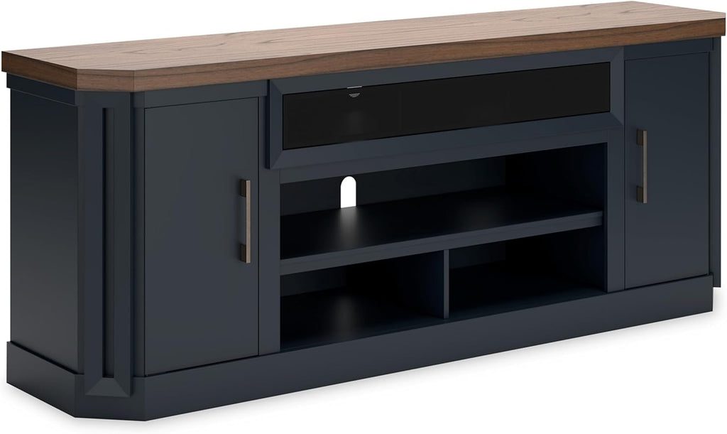 Signature Design by Ashley Landocken Contemporary 83' TV Stand for TVs up to 95' with Fireplace Option, 2 Cabinets, 2 Doors, 2 Adjustable Shelves, Open Cubbies and Cord Openings, Dark Brown & Blue