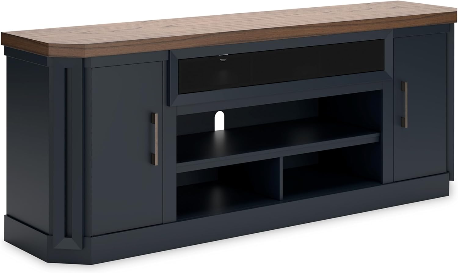 Signature Design by Ashley Landocken Contemporary 83' TV Stand for TVs up to 95' with Fireplace Option, 2 Cabinets, 2 Doors, 2 Adjustable Shelves, Open Cubbies and Cord Openings, Dark Brown & Blue
