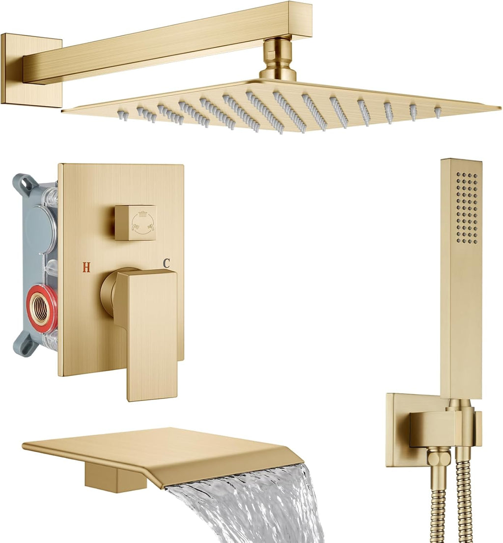 Midanya Shower System with Tub Spout,Bathtub Shower Faucet Set with Square Rainfall Head and Handheld Sprayer Wall Mount Tub Faucet Set with Valve and Trim Kit,10 Inch Brushed Gold