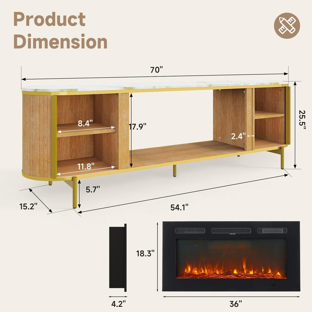 Luxury 70' Fluted TV Stand with Fireplace, Modern Chic Entertainment Center for TVs Up to 80', TV Console for Living Room, Media Cabinet with Storage,70 Inch, Natural