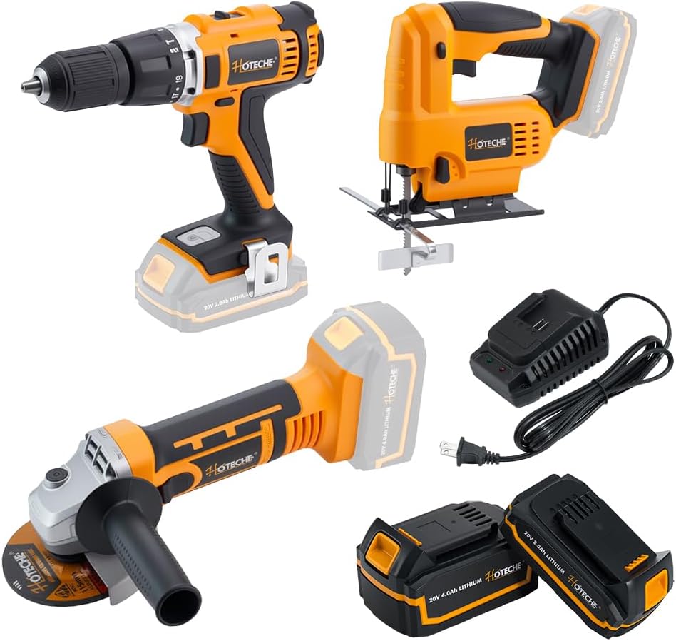 Hoteche 20V Cordless Power Tool Set - 3-in-1 Drill, Jig Saw, Angle Grinder with 2 Batteries (2.0Ah & 4.0Ah) & Fast Charger