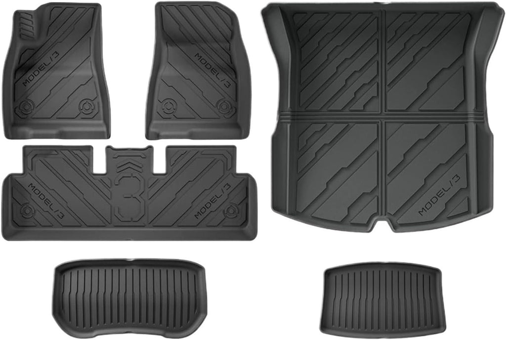 TPE Floor Mats & Cargo Liner, 3D Cyber Style Waterproof Anti-Slip Trunk Mat Backrest Mats Compatible with Tesla Model 3 Highland 2024 2025(6PCS LHD Set)