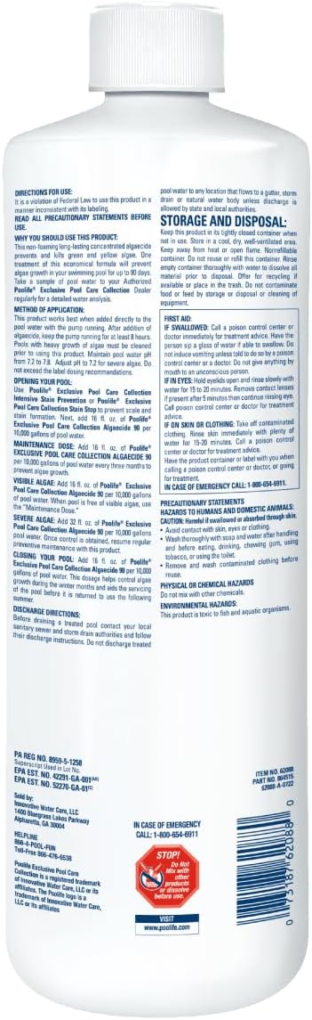 Poolife Algaecide 90 – Long-Lasting Copper Pool Algaecide for Green, Black & Mustard Algae – 90-Day Protection – Includes 7-in-1 Test Strips, Measuring Cup & Pool-IQ AI Assistant 4 Pack