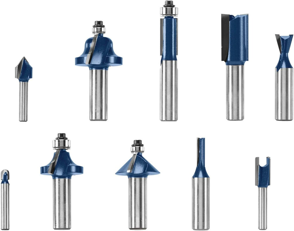 BOSCH RBS010 10-Piece 1/2 in. and 1/4 in. Shank Carbide-Tipped All-Purpose Professional Router Bits Assorted Set with Case for Applications in Straight, Trimming, Decorative Edging, Dovetail Joinery