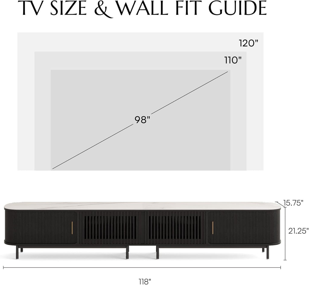 POVISON Fully-Assembled Sliding Tambour Door TV Stand, Mid Century Modern TV Console, Wood Media Console, Entertainment Center with Storage Cabinet(Black, 118.11')