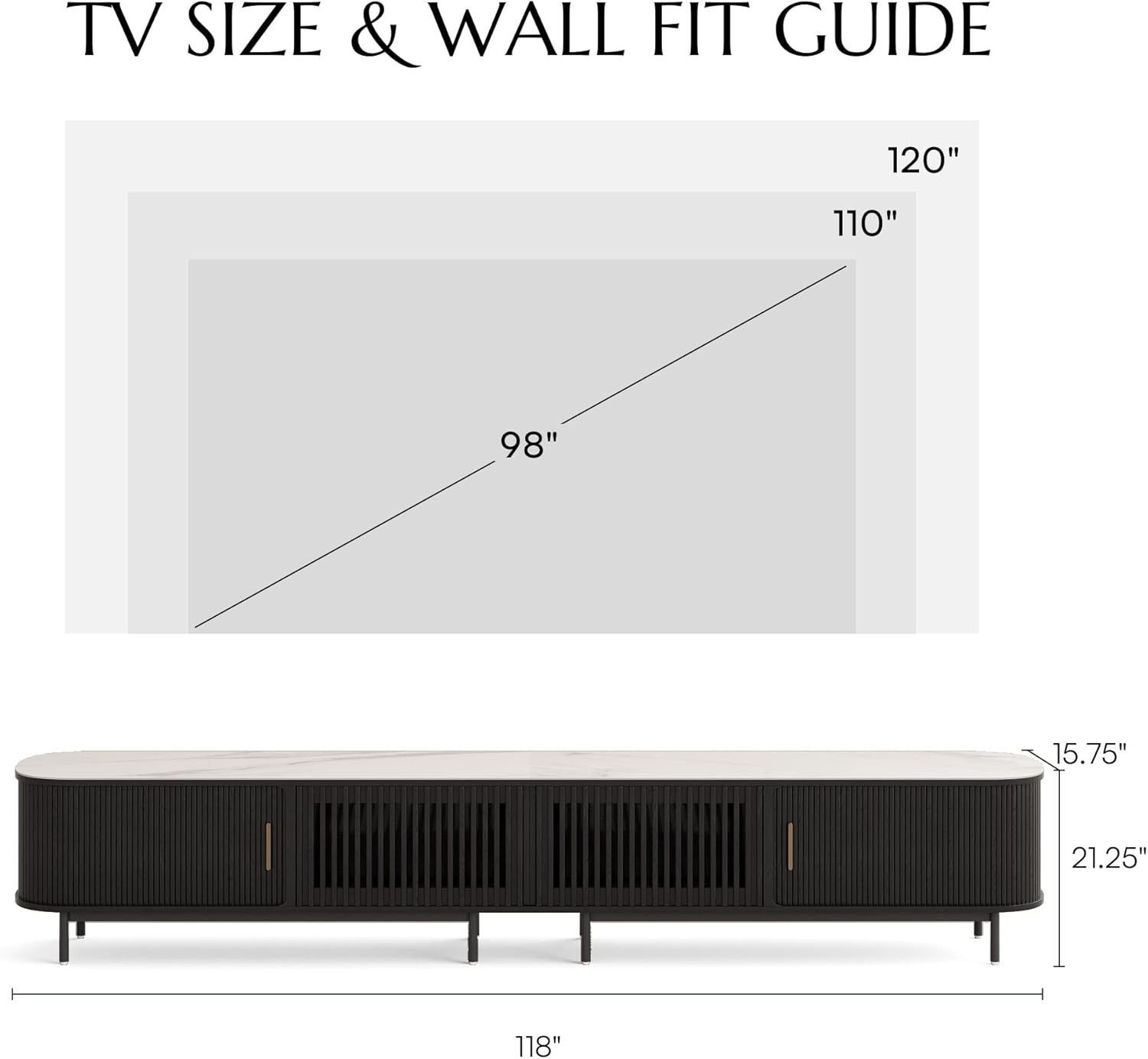 POVISON Fully-Assembled Sliding Tambour Door TV Stand, Mid Century Modern TV Console, Wood Media Console, Entertainment Center with Storage Cabinet(Black, 118.11')