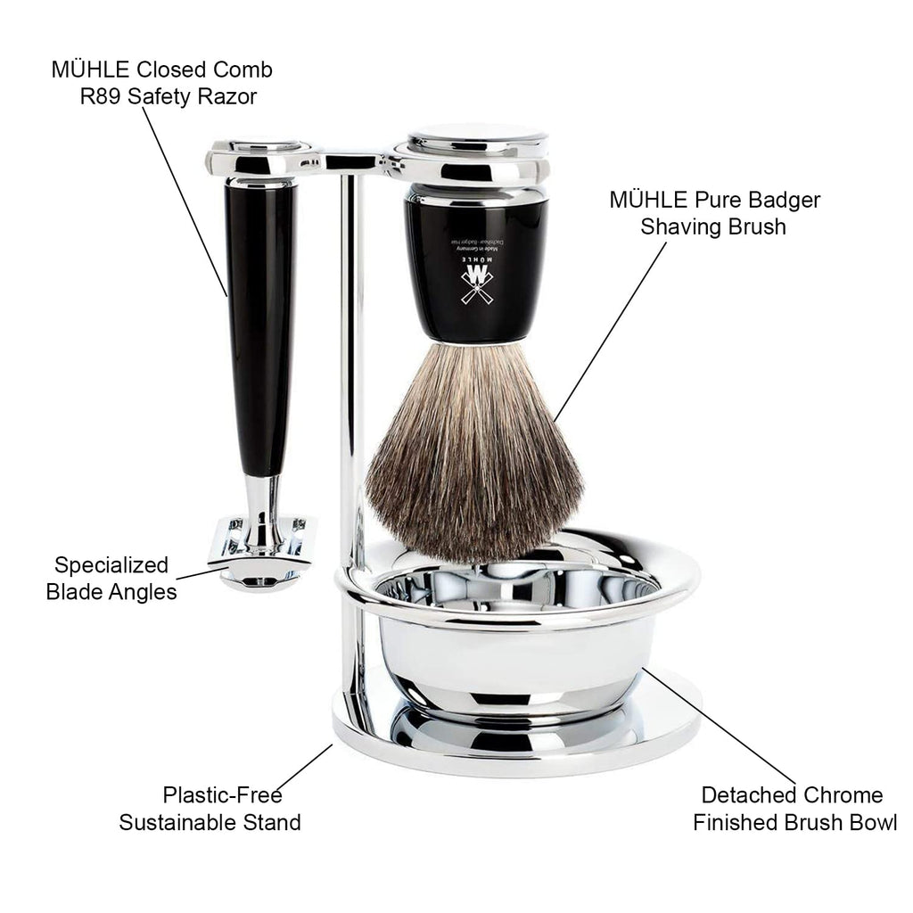 MÜHLE RYTMO 4-piece Pure Badger Double Edge Safety Razor (Closed Comb) Shaving Set For Men - Perfect for Every Day Use, Barbershop Quality Close Smooth Shave
