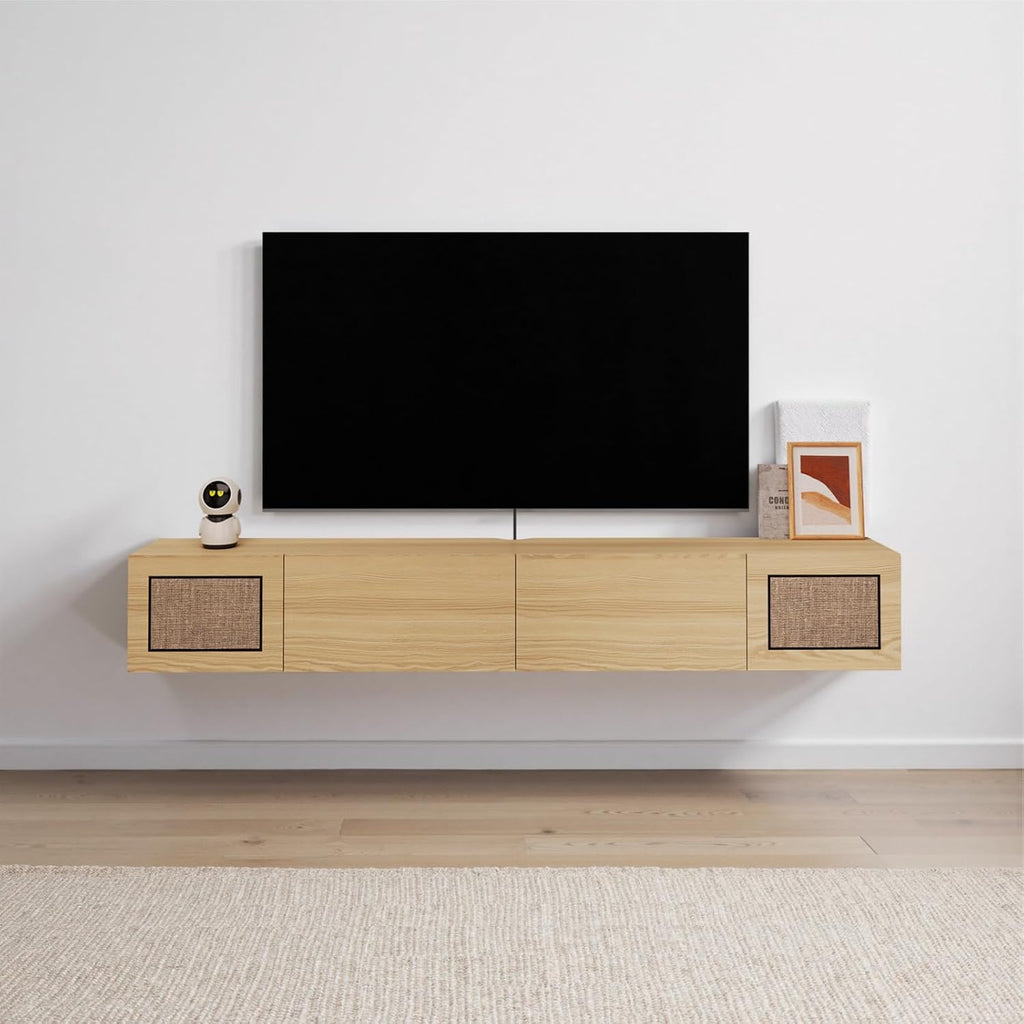 Pmnianhua Boho Floating TV Stand 55', Modern Wall Mounted Media Console with Cotton-Rayon Doors for Under TV Shelf,Entertainment Center,Living Room,Bedroom(Natural)