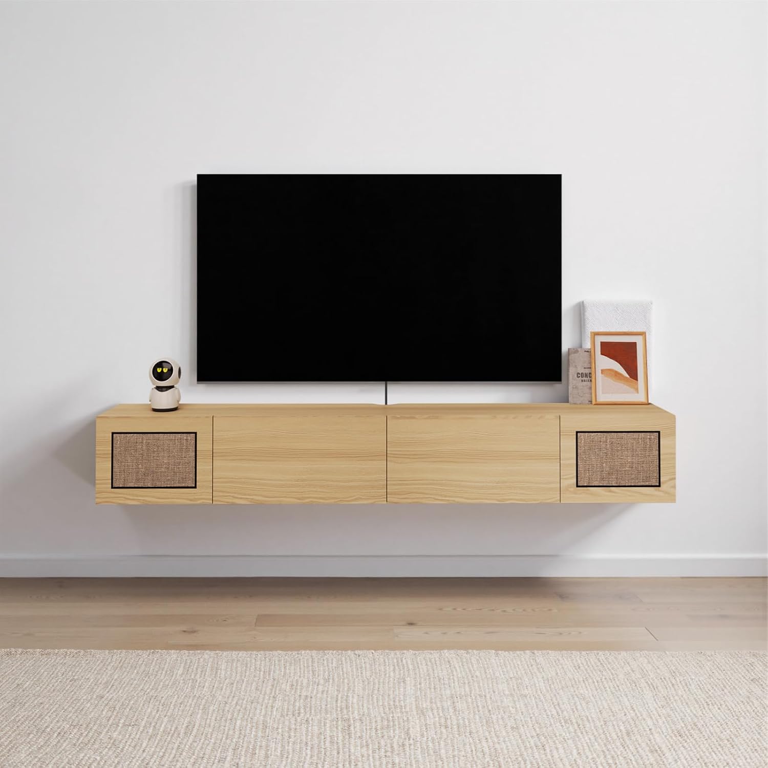 Pmnianhua Boho Floating TV Stand 70', Modern Wall Mounted Media Console with Cotton-Rayon Doors for Under TV Shelf,Entertainment Center,Living Room,Bedroom(Natural)
