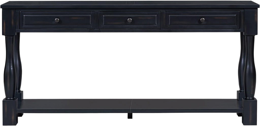 merax LUMISOL 64 inch Long Console Table with 3 Drawers and Bottom Shelf, Sofa Table Entryway Table for Hallway, Living Room, Easy Assembly (Distressed Black)