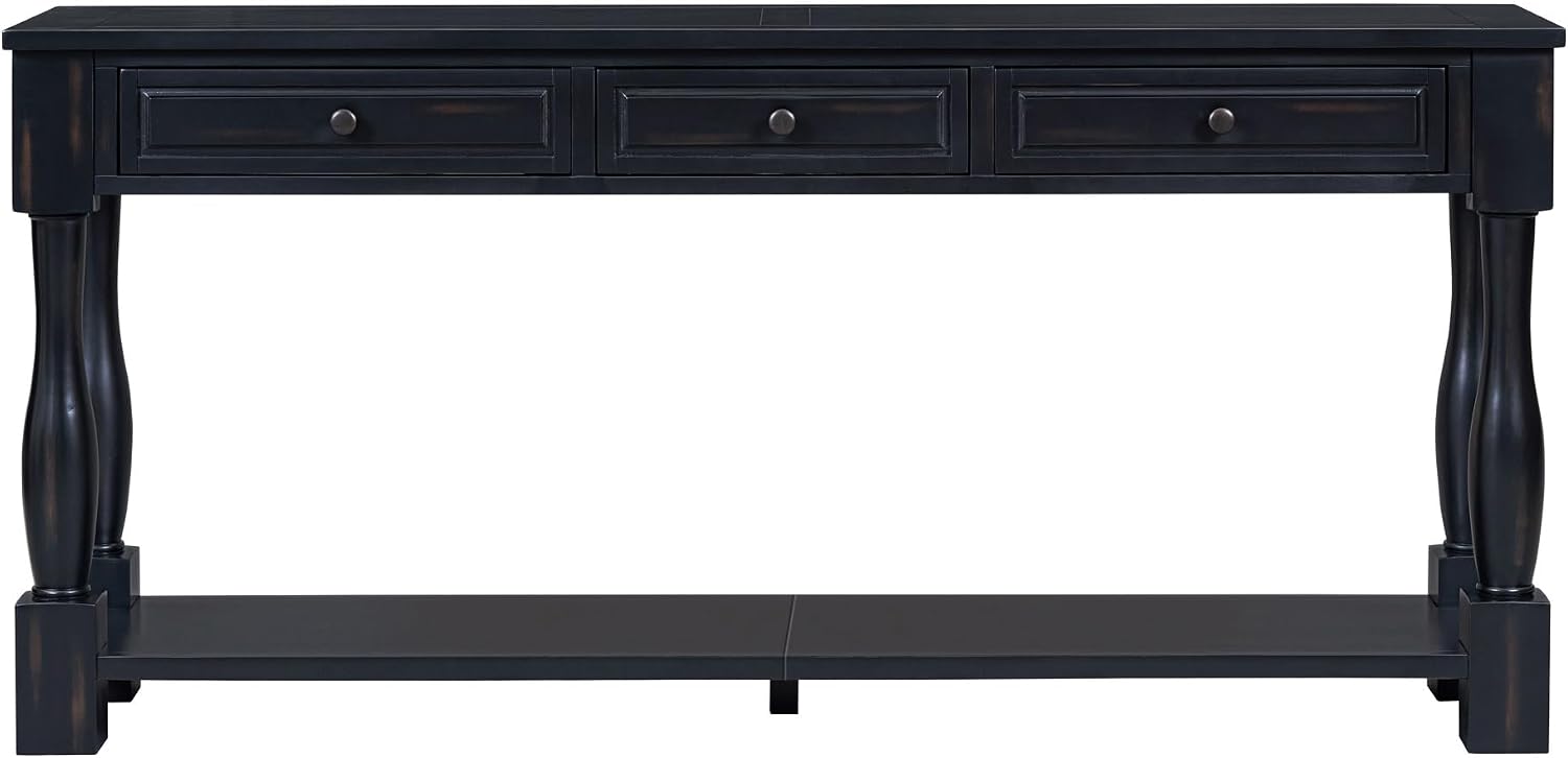 merax LUMISOL 64 inch Long Console Table with 3 Drawers and Bottom Shelf, Sofa Table Entryway Table for Hallway, Living Room, Easy Assembly (Distressed Black)