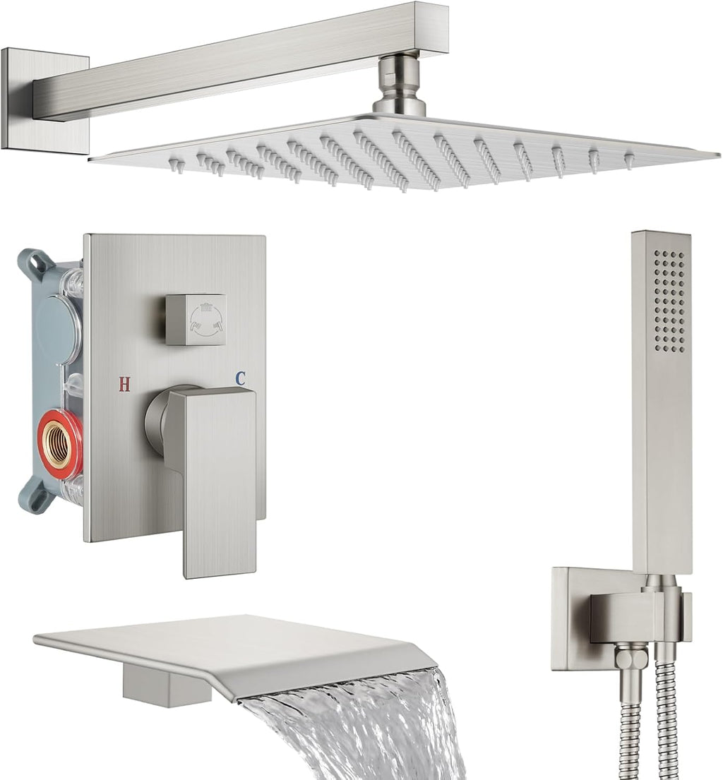 Midanya Shower System with Tub Spout,Bathtub Shower Faucet Set with Square Rainfall Head and Handheld Sprayer Wall Mount Tub Faucet Set with Valve and Trim Kit,10 Inch Brushed Nickel