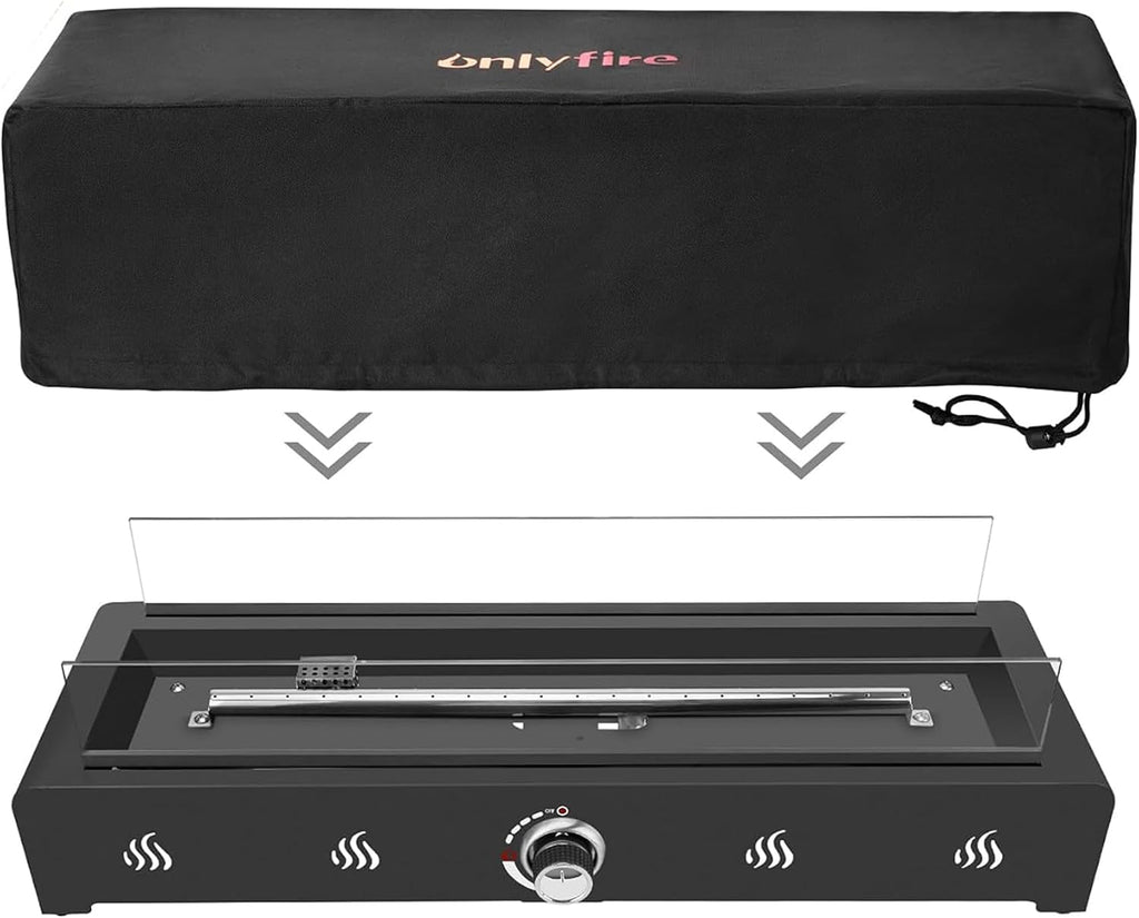 Onlyfire 28'' Tabletop Fire Pit with Cover, Propane Gas Fireplace with Rear Air Inlet, Glass Wind Guard and Lava Rock, Outdoor Patio Rectangular Smokeless Fire Table