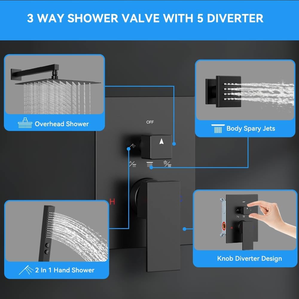 Matte Black Shower System with Body Jets, STARBATH 12 Inch Rainfall Shower and Handheld Spray, Wall Mounted Full Body Shower System Rough-in Mixer Pressure Balance Valve Shower Faucet Set Complete