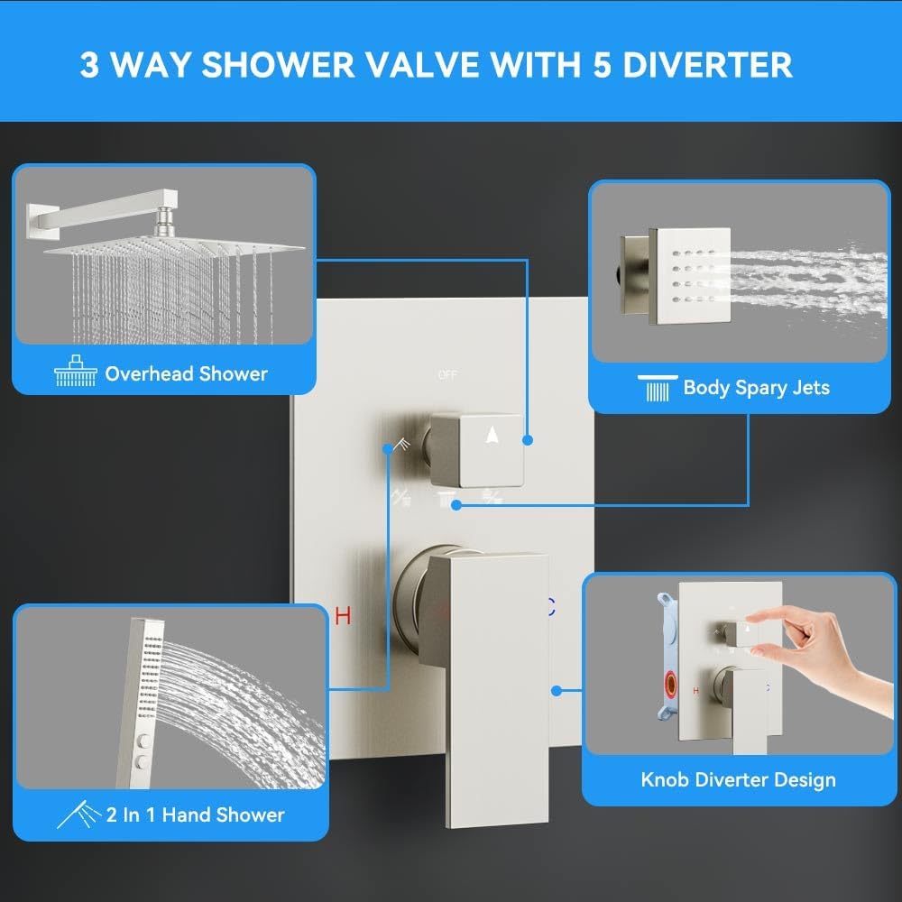 Brushed Nickel Shower System with Body Jets, STARBATH 12 Inch Rainfall Shower and Handheld Spray, Wall Mounted Full Body Shower System Rough-in Mixer Pressure Balance Valve Shower Faucet Set Complete