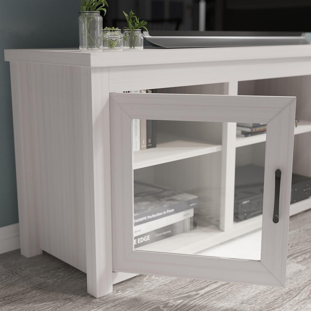 Flash Furniture Sheffield Engineered Wood TV Stand for 80' TVs, Media Console/TV Cabinet with 3 Adjustable Shelves and Glass Doors, White Wash Finish