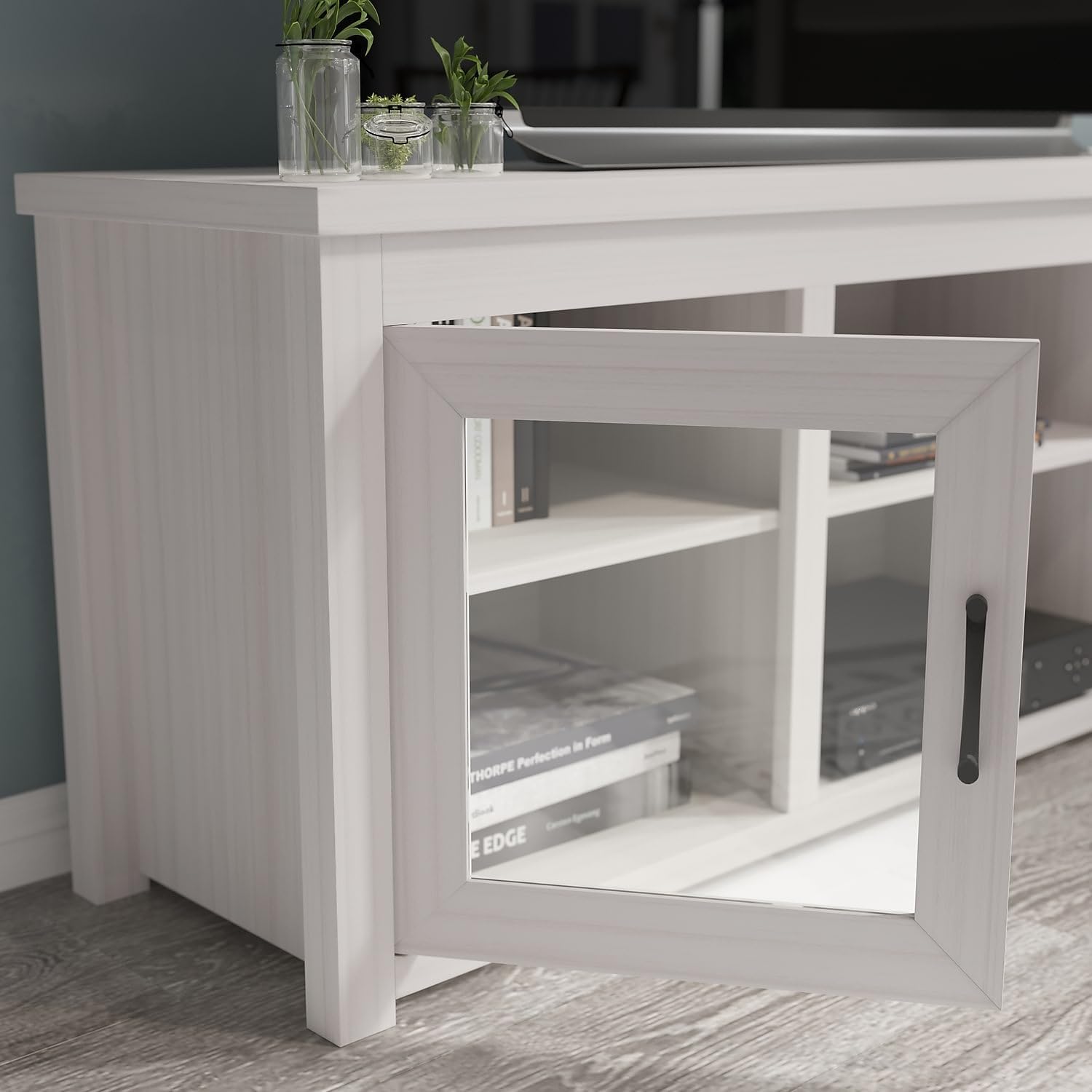Flash Furniture Sheffield Engineered Wood TV Stand for 80' TVs, Media Console/TV Cabinet with 3 Adjustable Shelves and Glass Doors, White Wash Finish