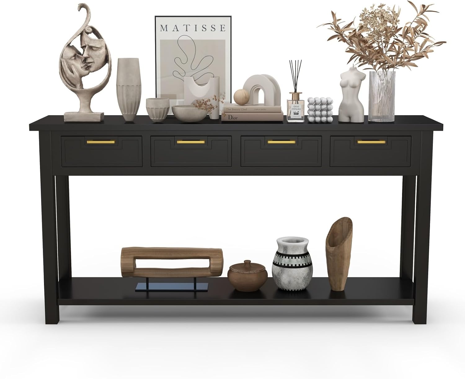 Kinfant Solid Wood Console Table - Entryway Table with 4 Drawers and a Bottom Storage Shelf, 60 Inch Narrow Long Sofa Table for Living Room, Hallway, Front Hall, Couch, Black