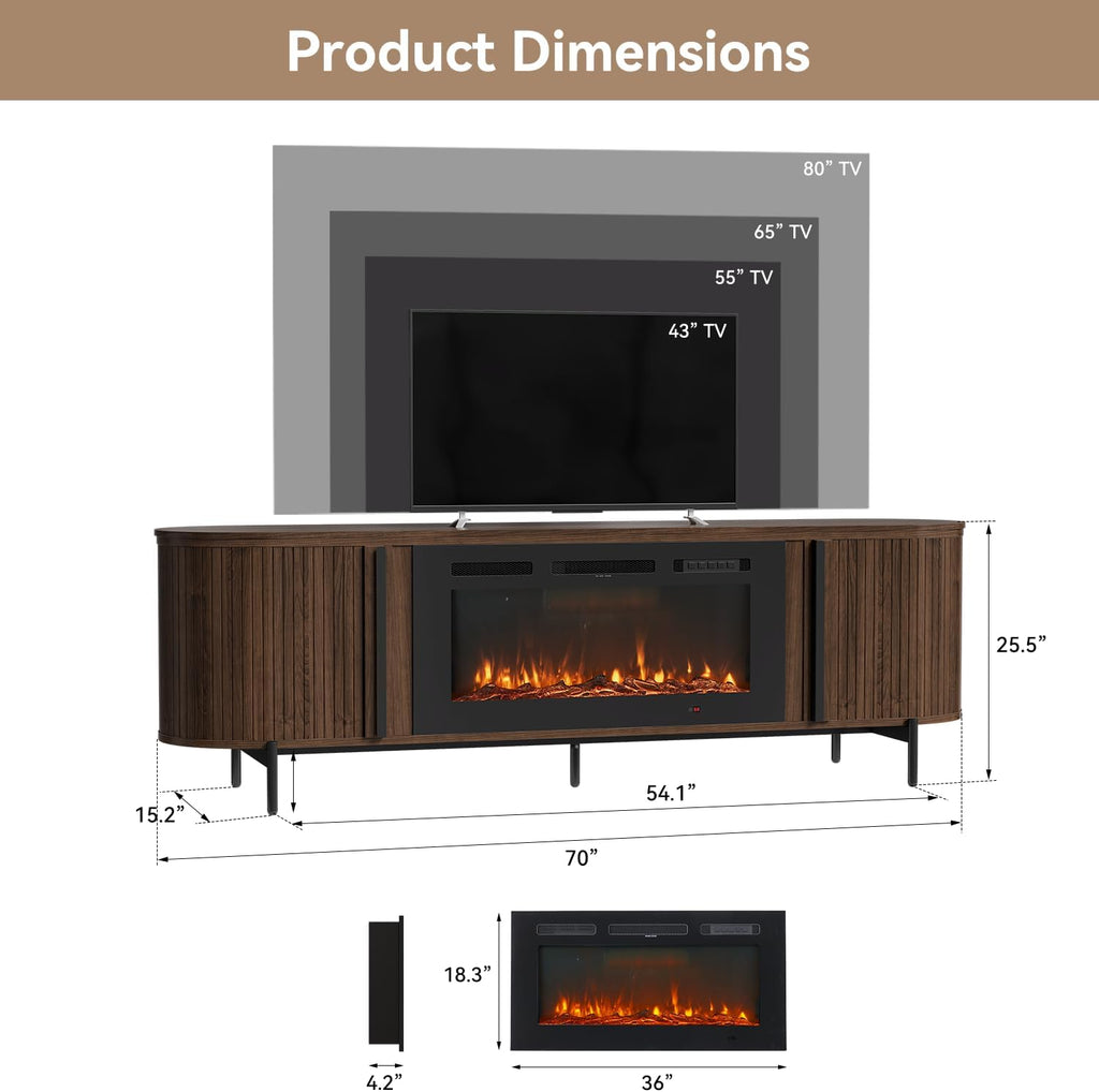 Luxury 70' Fluted TV Stand with Fireplace, Modern Chic Entertainment Center for TVs Up to 80', TV Console for Living Room, Media Cabinet with Storage,70 Inch, Brown