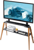 MyGift Modern TV Stand with Shelf for Flat Screens, Minimalist Metal and Beech Wood Television Mount Stand, Holds up to 75 Inches