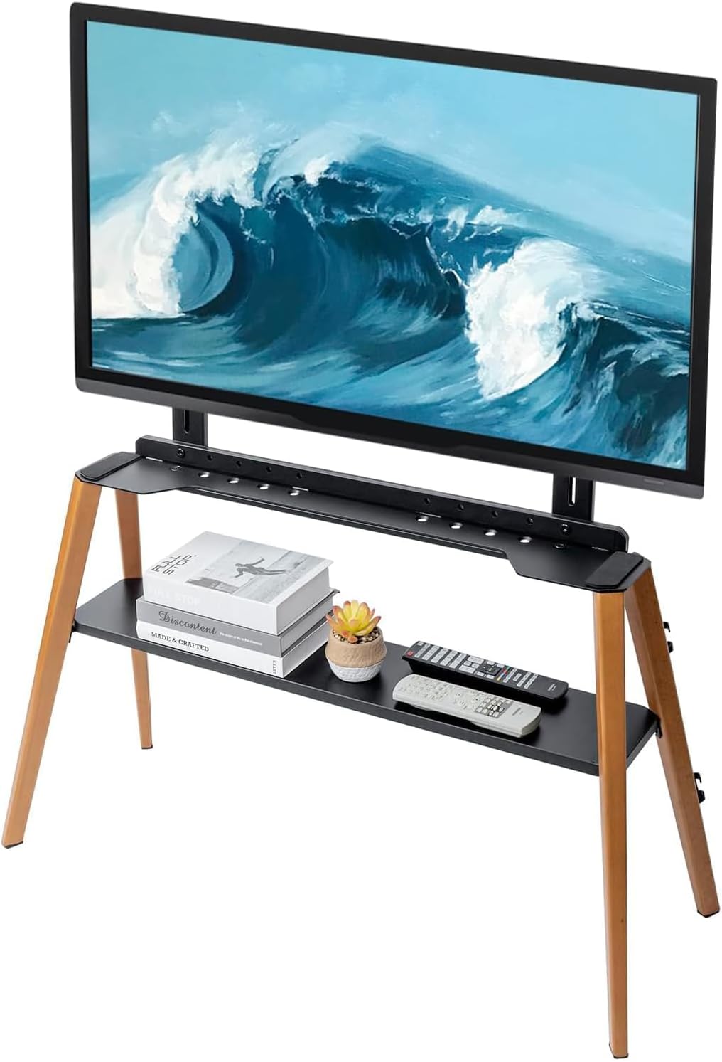 MyGift Modern TV Stand with Shelf for Flat Screens, Minimalist Metal and Beech Wood Television Mount Stand, Holds up to 75 Inches