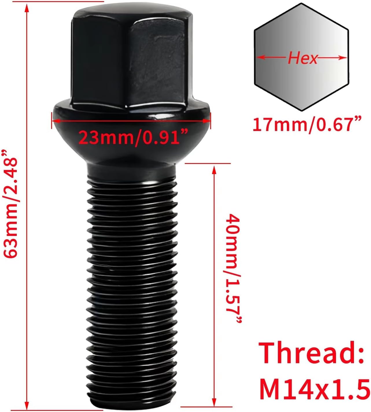 Wheel Studs Bolt Compatible with Porsche 20X M14x1.5 Wheel Bolts Lug Nuts 17mm Hex 40mm Shank Radius Ball for Seat